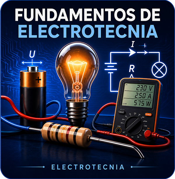 Ilustración de los fundamentos de la electrotecnia con una bombilla, una pila, una resistencia, un multímetro y un esquema eléctrico.