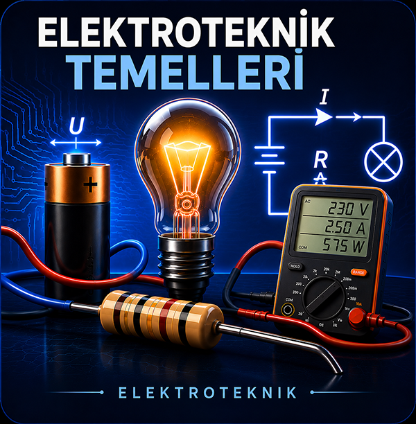 Ampul, pil, direnç, multimetre ve elektrik devre şeması ile elektrik tekniğinin temellerini gösteren illüstrasyon.