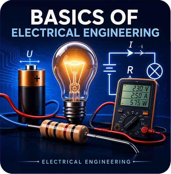 Basics of Electrical Engineering with light bulb, battery, resistor, multimeter and circuit diagram.