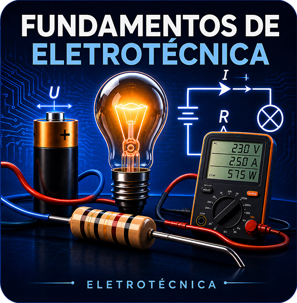 Ilustração dos fundamentos da eletrotécnica com uma lâmpada, uma pilha, uma resistência, um multímetro e um esquema elétrico.