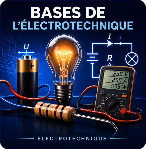 Illustration des bases de l’électrotechnique avec une ampoule, une pile, une résistance, un multimètre et un schéma électrique.