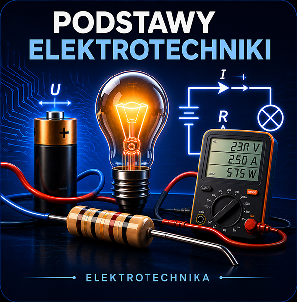 Ilustracja podstaw elektrotechniki z żarówką, baterią, rezystorem, multimetrem i schematem elektrycznym.
