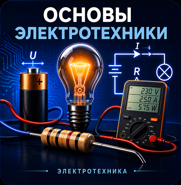 Иллюстрация основ электротехники с лампой, батареей, резистором, мультиметром и электрической схемой.